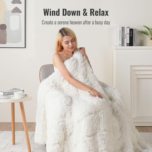 Sivio Weighted Blanket Long Plush Faux Fur & Fluffy Sherpa for Adults, 15lbs 48"x72" White