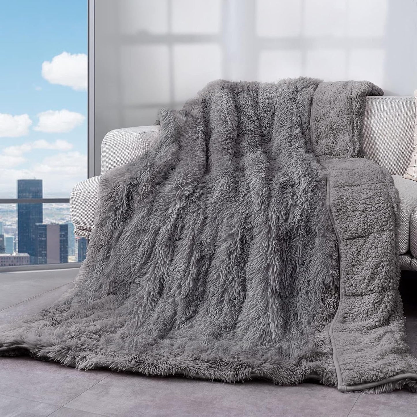 Sivio Weighted Blanket Long Plush Faux Fur & Fluffy Sherpa for Adults, 15lbs 60"x80" Gray