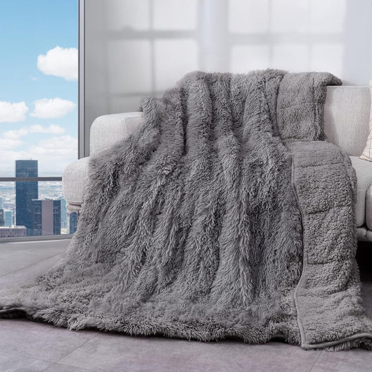 Sivio Weighted Blanket Long Plush Faux Fur & Fluffy Sherpa for Adults, 15lbs 60"x80" Gray