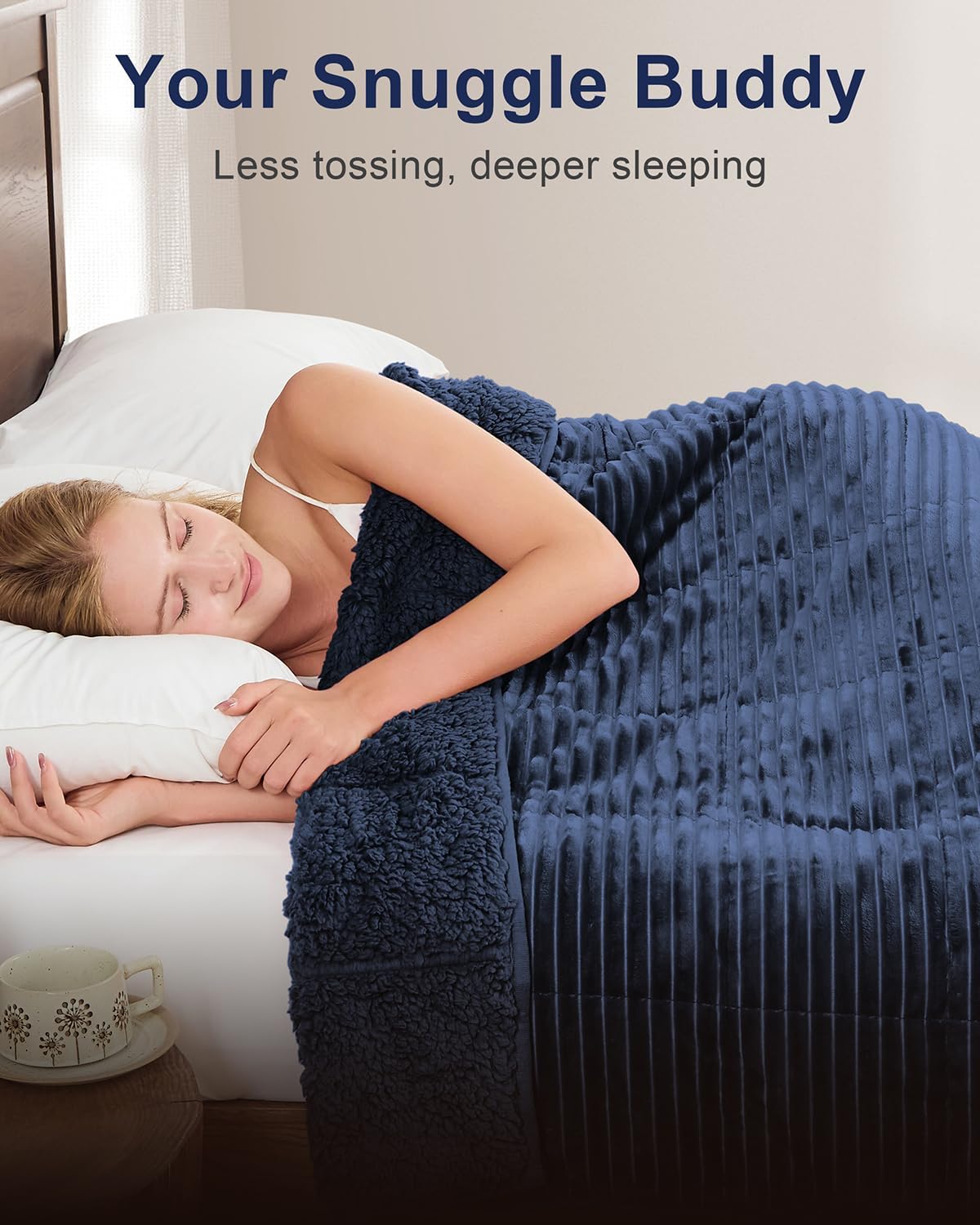 Sivio Sherpa Fleece Weighted Blanket with Ribbed for Adults, 20lbs 60 x80 in Navy Blue