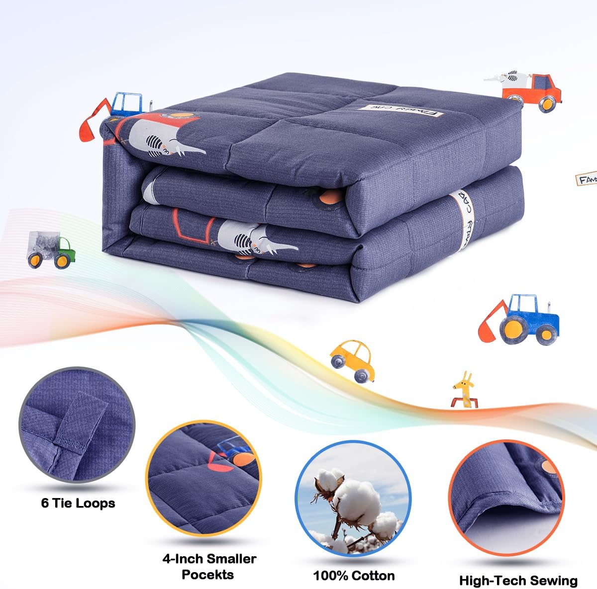 Kids Weighted Blanket 100% Cotton - 5 lb, 36 × 48 in  Blue Car