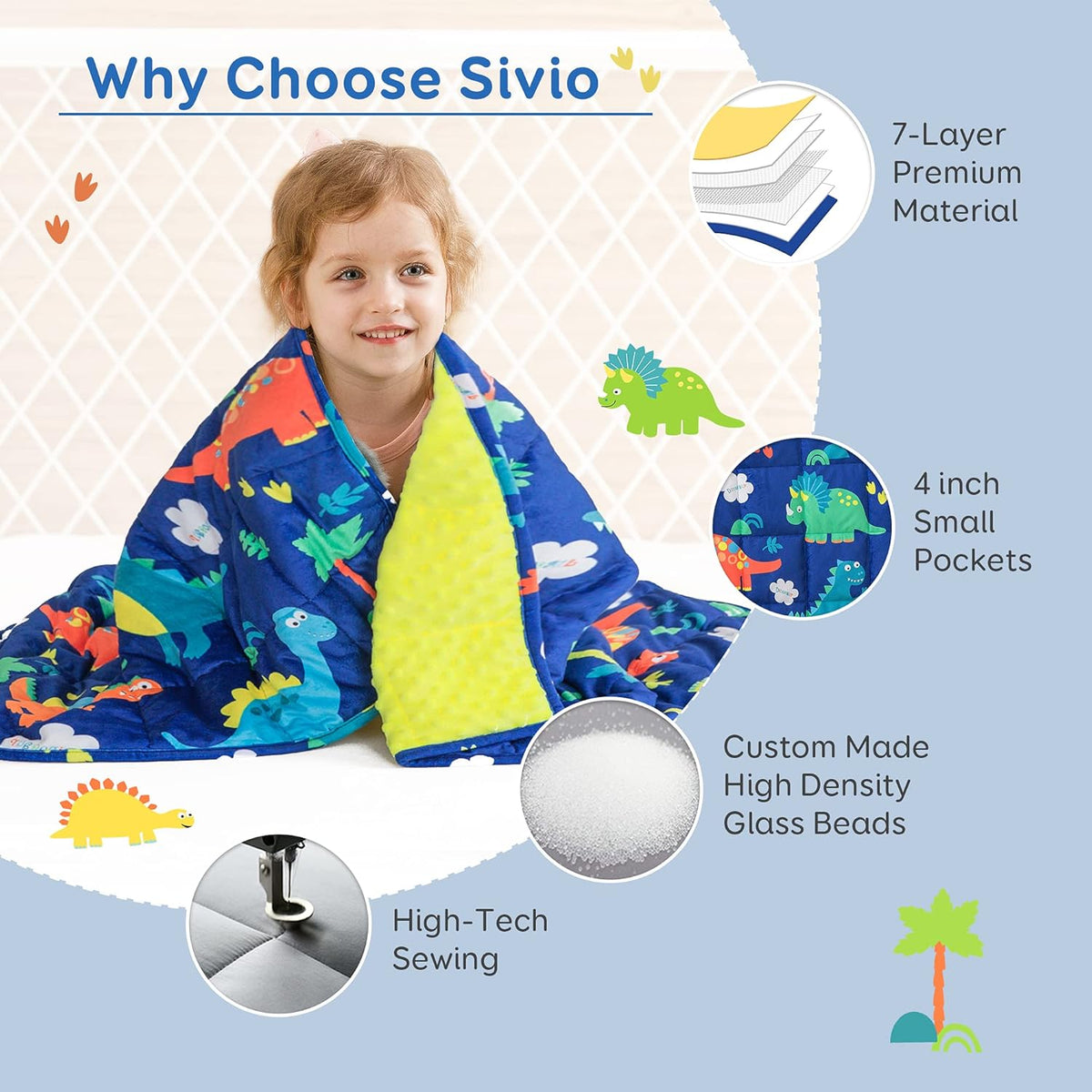 Sivio Crystal Velvet & Minky Dots Weighted Blanket for Kids - 3lb, 36 × 48 in Blue Dinosaur