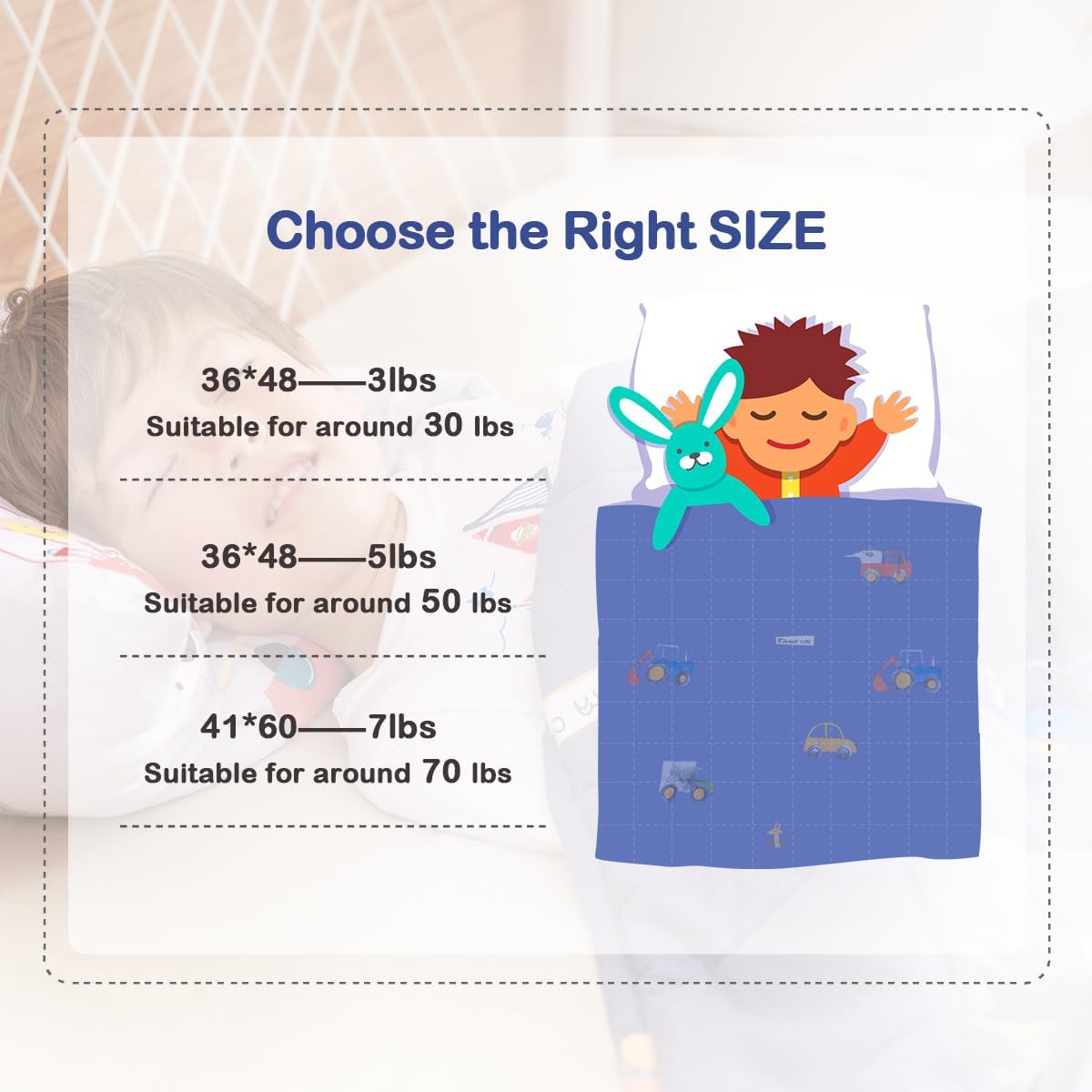 Kids Weighted Blanket 100% Cotton - 5 lb, 36 × 48 in  Blue Car