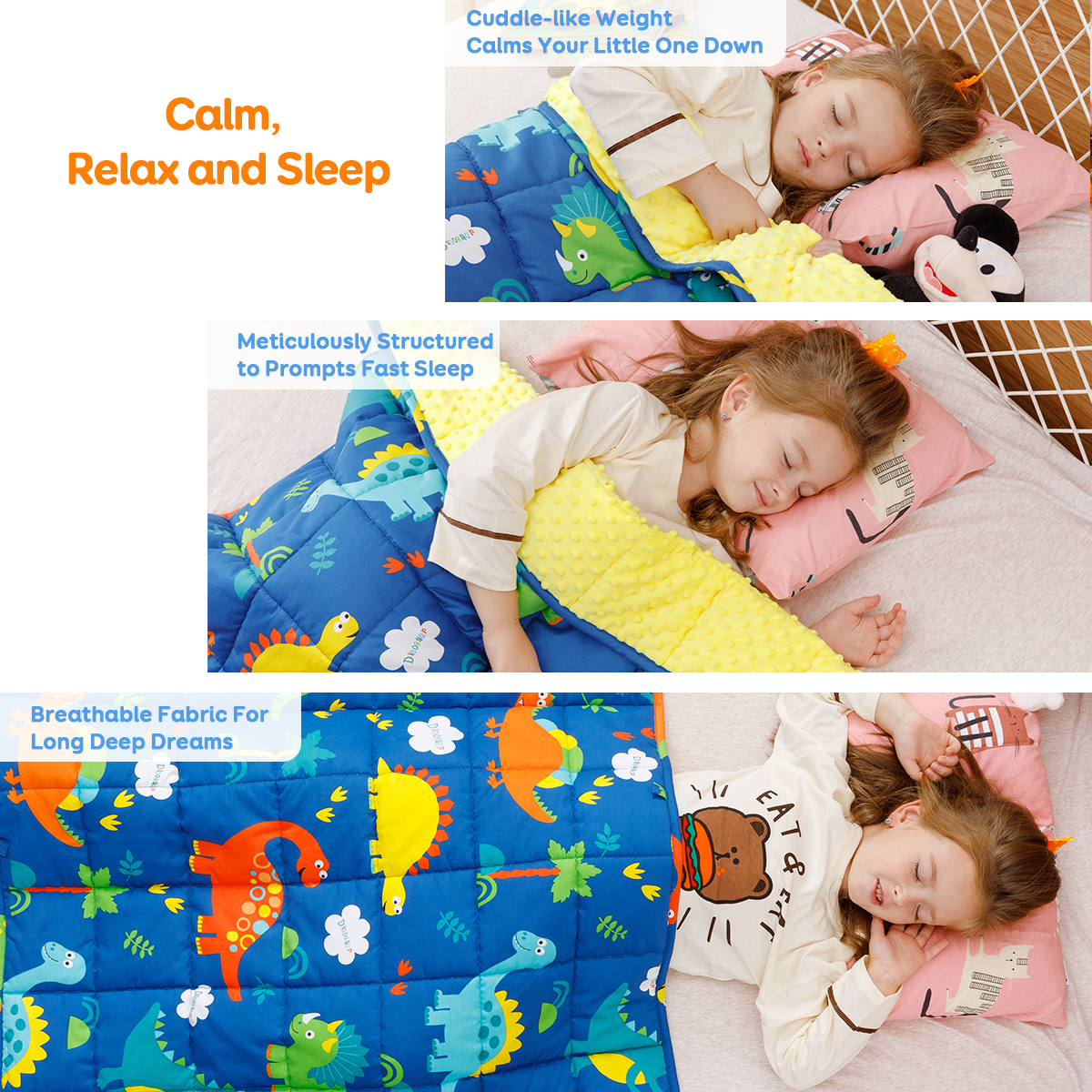 Sivio Minky Fleece & Cotton Kids Weighted Blanket- 3 lb, 36 × 48 in Blue Dinosaur
