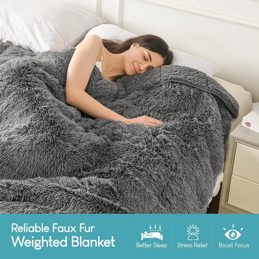 Sivio Weighted Blanket Long Plush Faux Fur & Fluffy Sherpa for Adults, 15lbs 60"x80" Gray